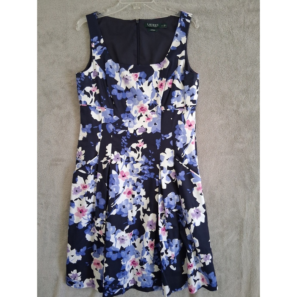 Lauren Ralph Lauren Floral Dress 12 Navy Blue Pockets Fit Flare Summer Brunch